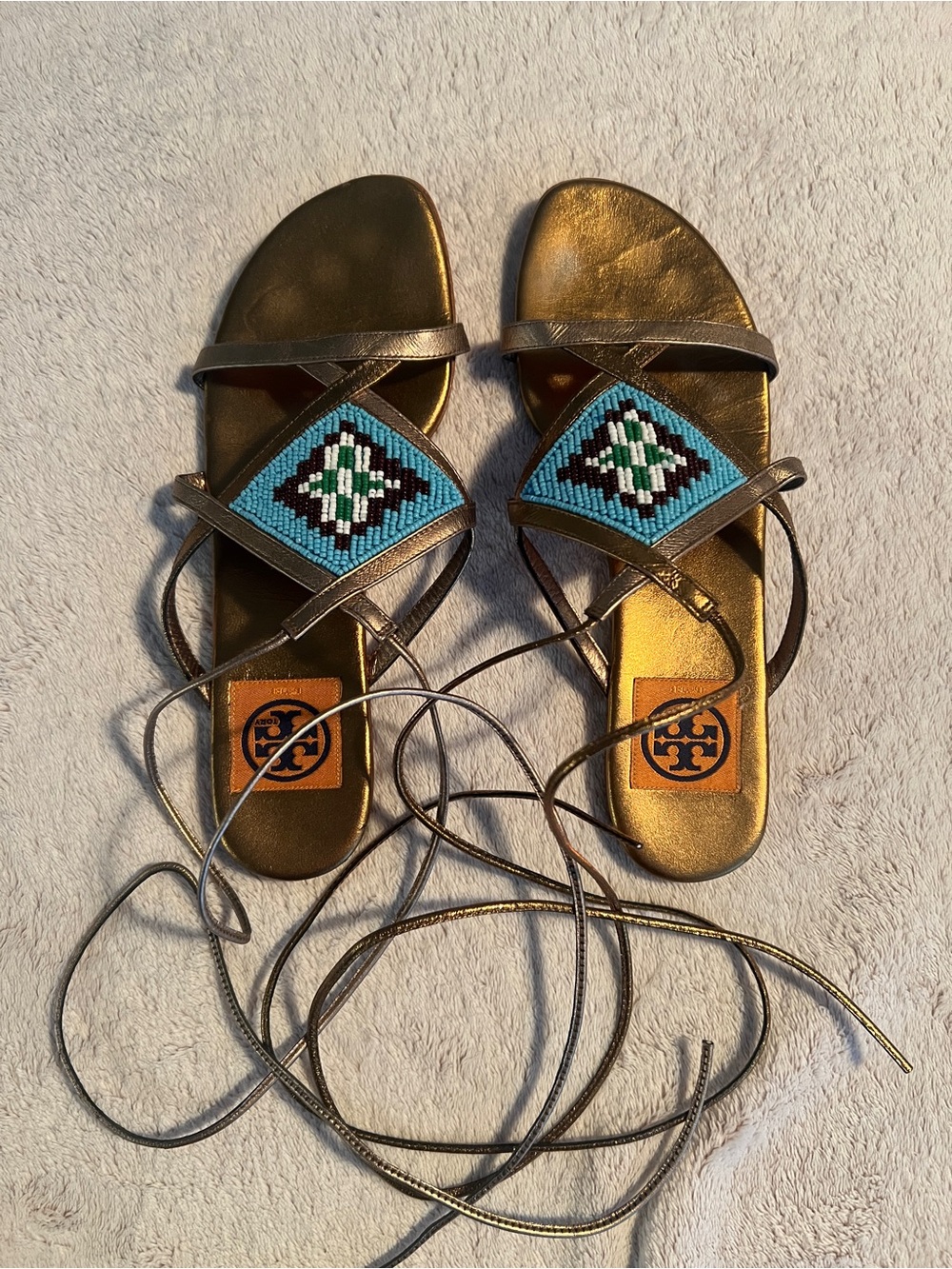 Tory Burch Gladiator Gold Leather Aztec Beaded Logo Sandals Size 8.5